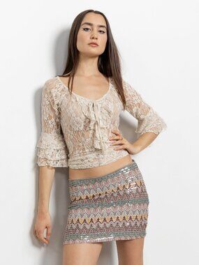 Vintage Y2K Sequin Mini Skirt – Pastel Sparkly Low Rise (Size Small)